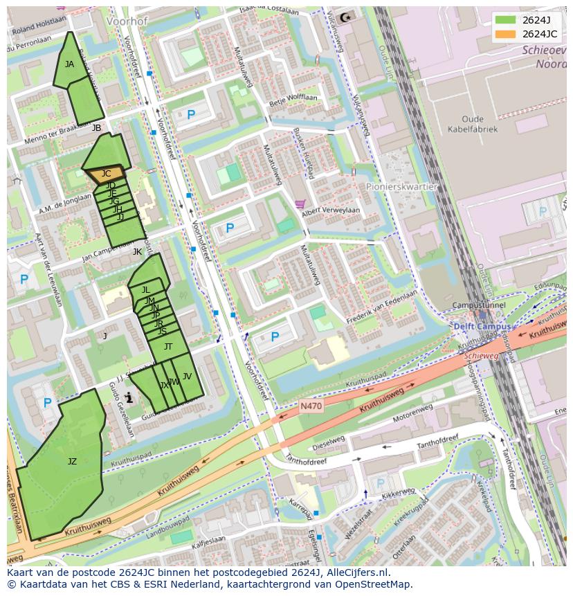 Afbeelding van het postcodegebied 2624 JC op de kaart.