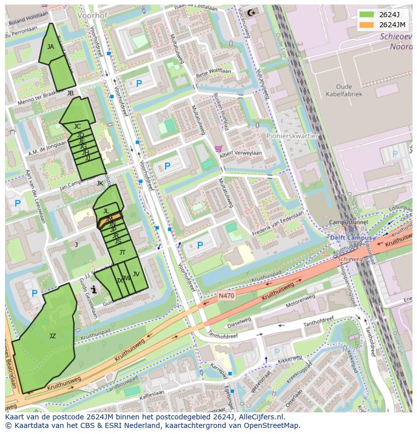 Afbeelding van het postcodegebied 2624 JM op de kaart.