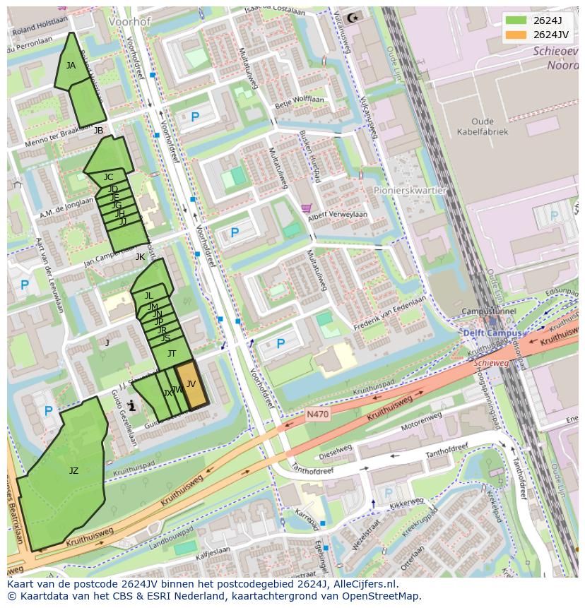 Afbeelding van het postcodegebied 2624 JV op de kaart.