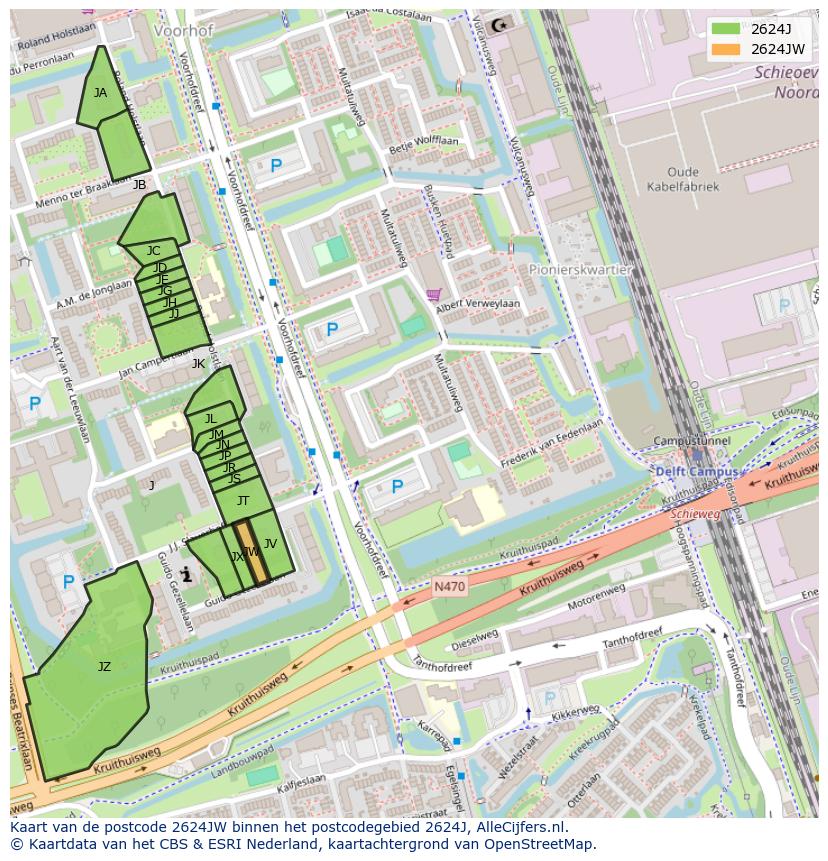 Afbeelding van het postcodegebied 2624 JW op de kaart.