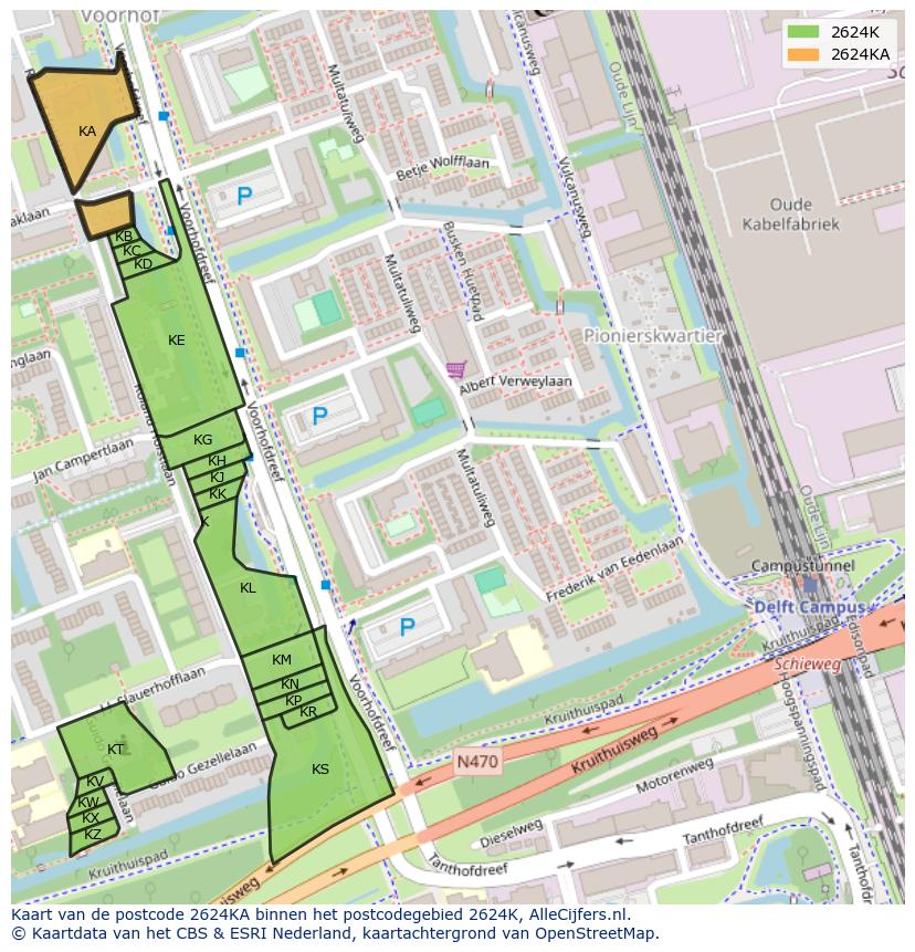 Afbeelding van het postcodegebied 2624 KA op de kaart.