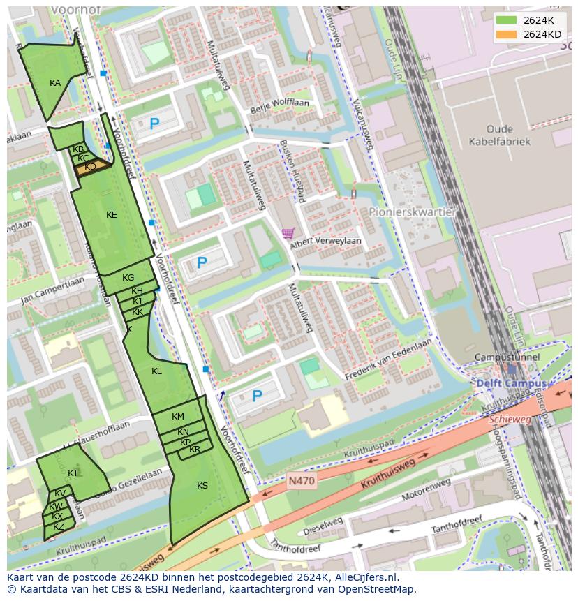 Afbeelding van het postcodegebied 2624 KD op de kaart.