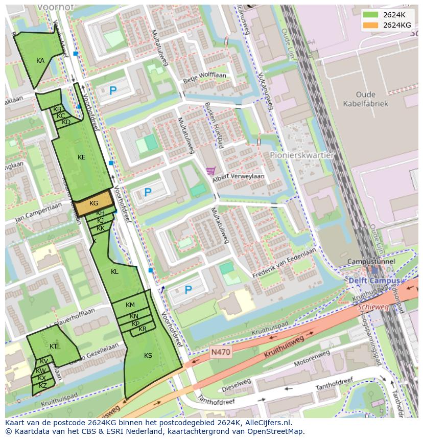 Afbeelding van het postcodegebied 2624 KG op de kaart.