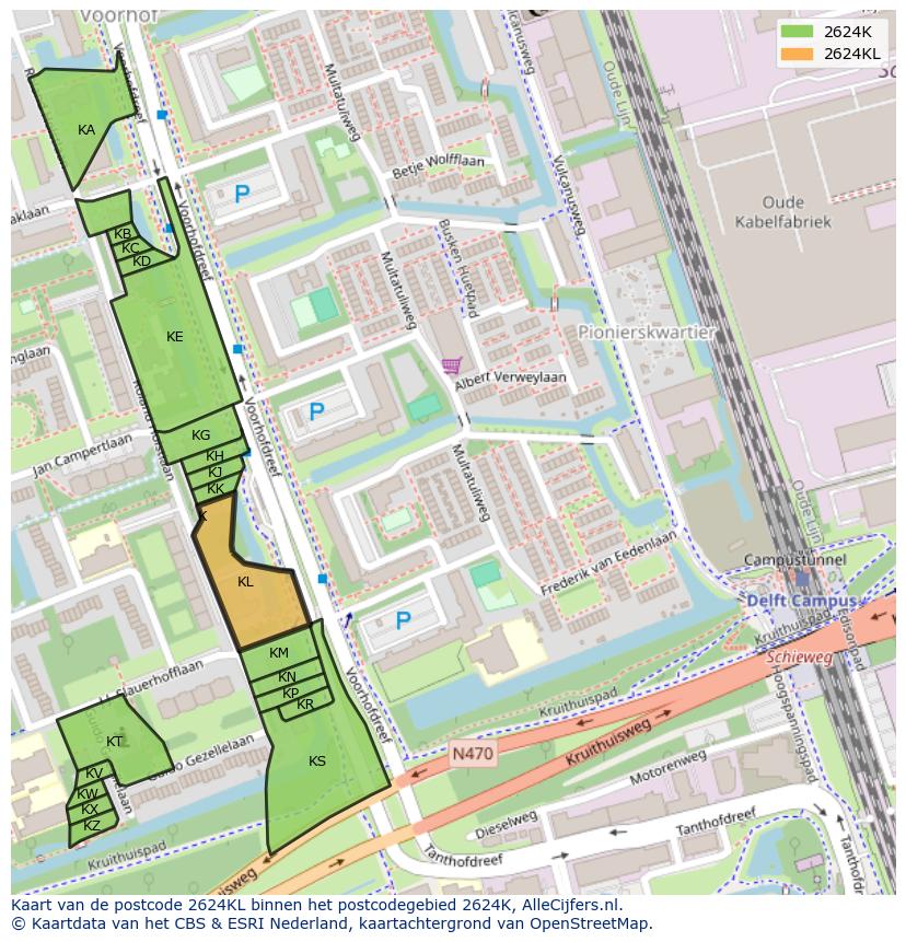 Afbeelding van het postcodegebied 2624 KL op de kaart.