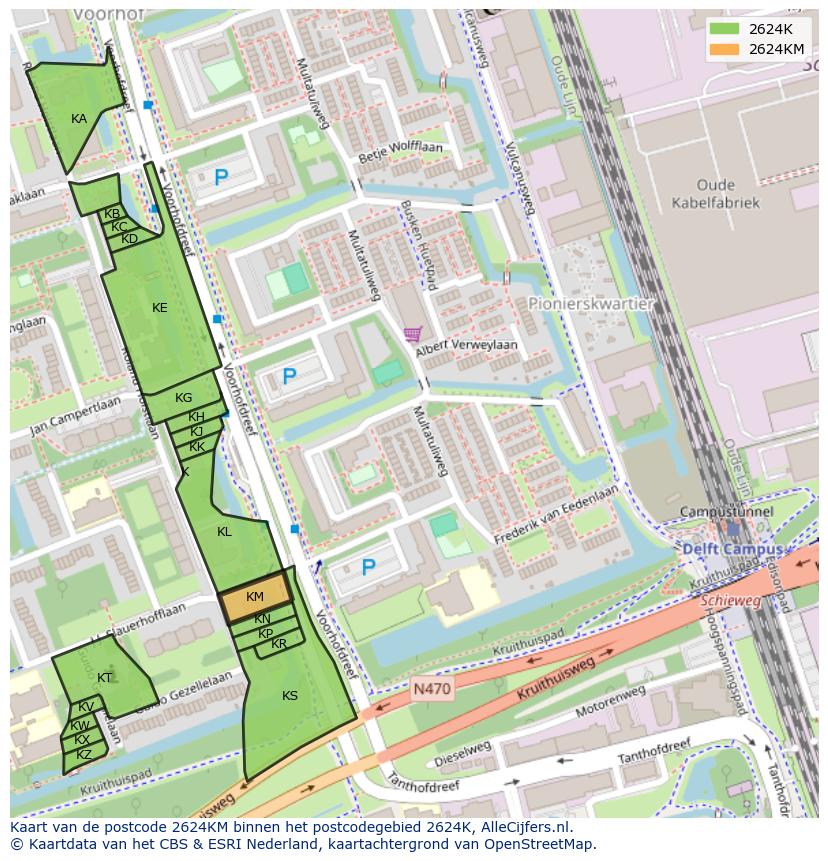 Afbeelding van het postcodegebied 2624 KM op de kaart.