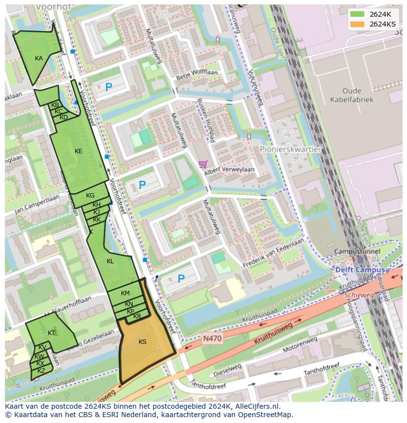 Afbeelding van het postcodegebied 2624 KS op de kaart.