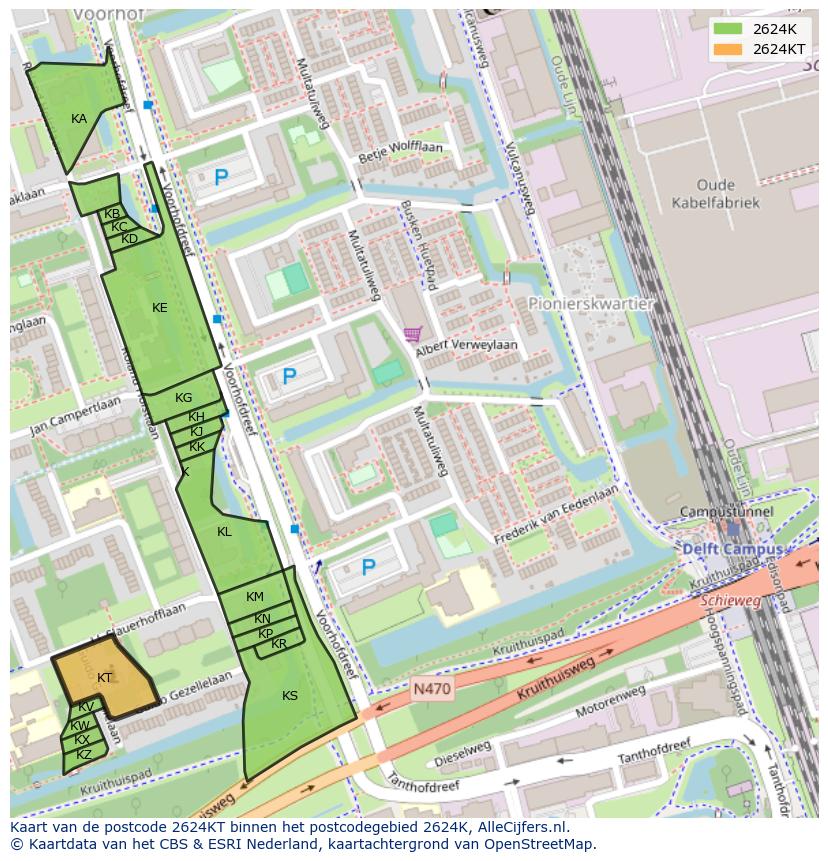 Afbeelding van het postcodegebied 2624 KT op de kaart.