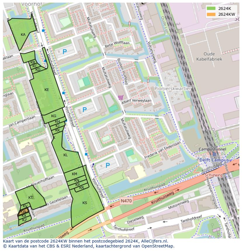 Afbeelding van het postcodegebied 2624 KW op de kaart.