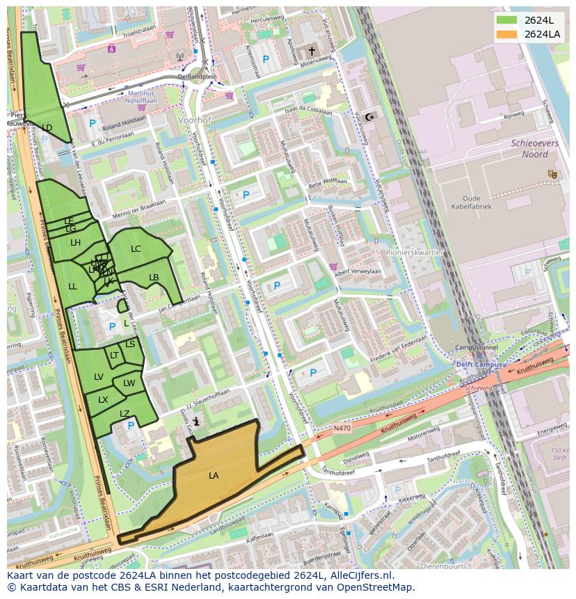 Afbeelding van het postcodegebied 2624 LA op de kaart.