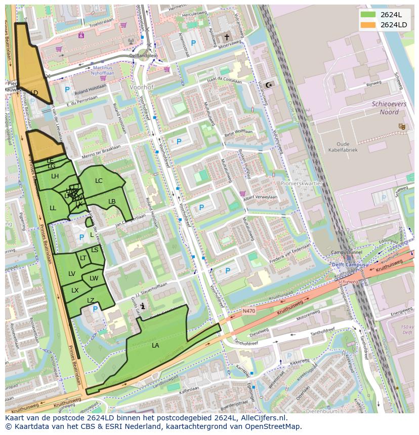Afbeelding van het postcodegebied 2624 LD op de kaart.