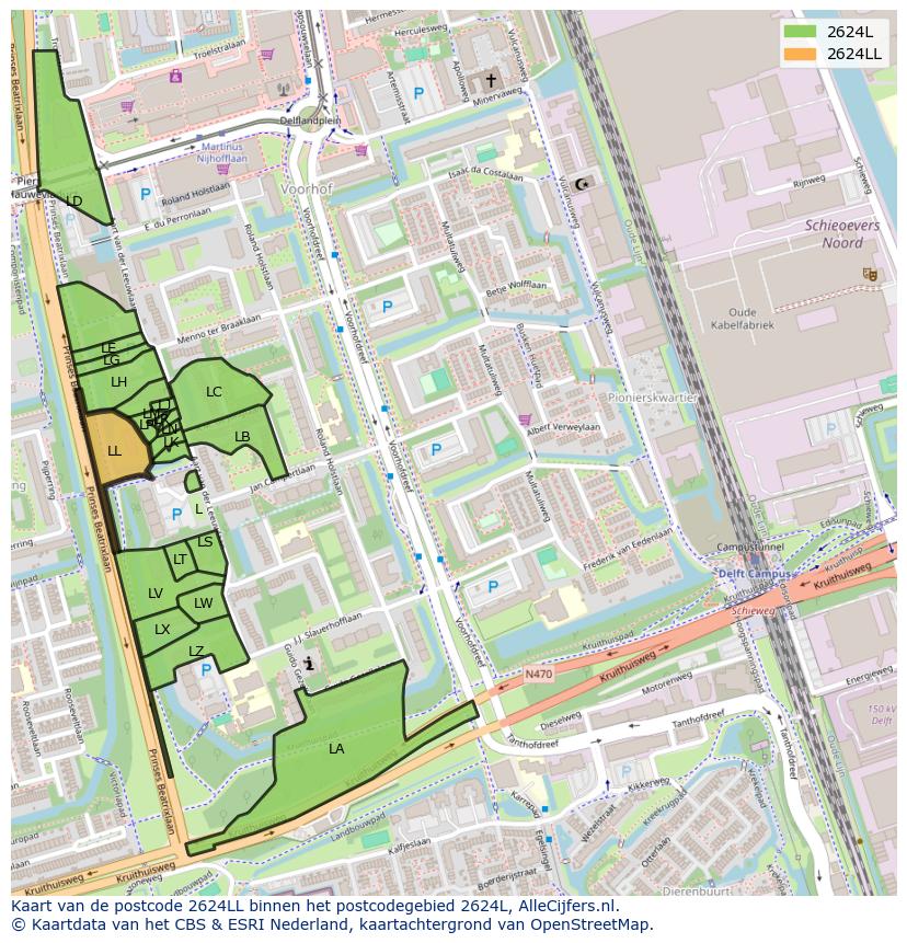 Afbeelding van het postcodegebied 2624 LL op de kaart.