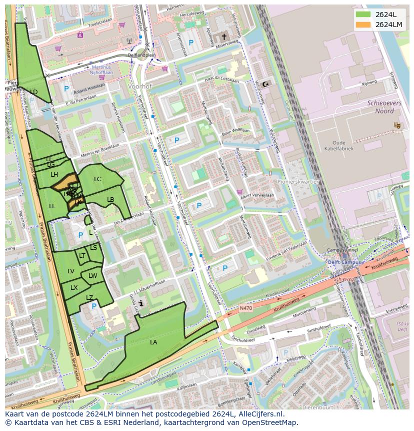Afbeelding van het postcodegebied 2624 LM op de kaart.