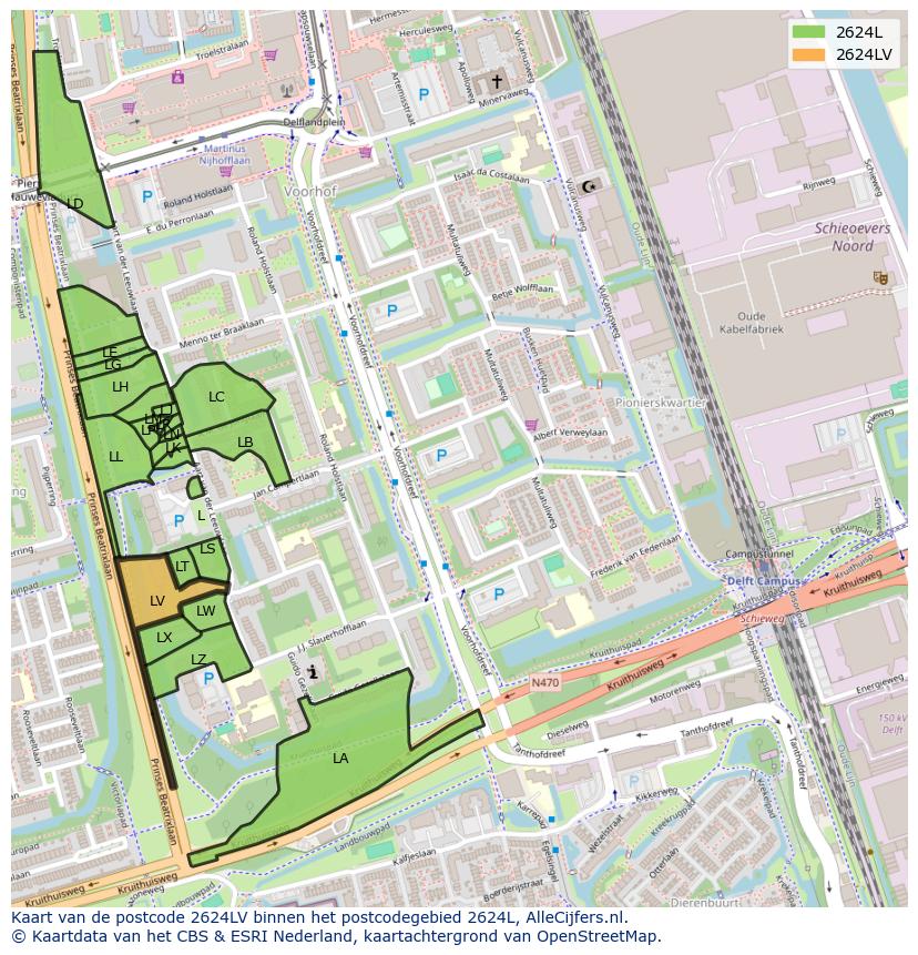 Afbeelding van het postcodegebied 2624 LV op de kaart.