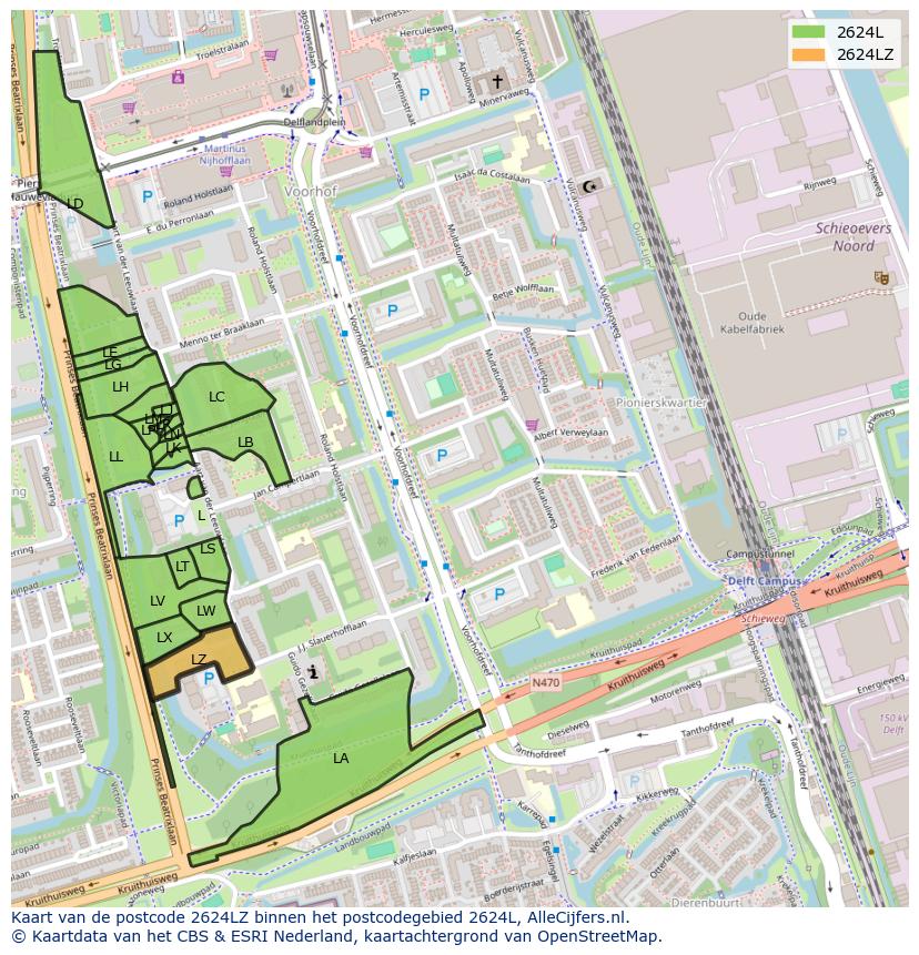 Afbeelding van het postcodegebied 2624 LZ op de kaart.