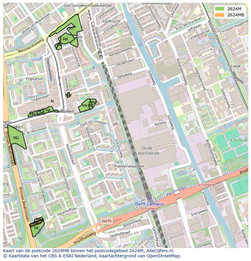 Afbeelding van het postcodegebied 2624 MB op de kaart.