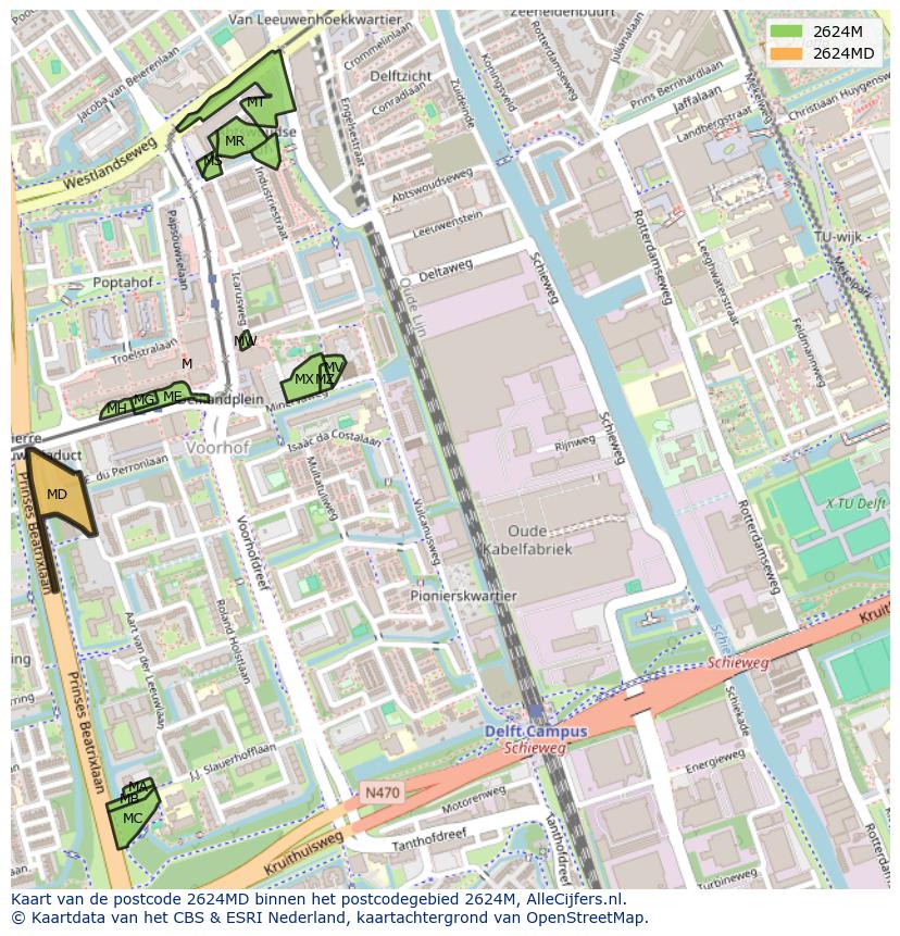 Afbeelding van het postcodegebied 2624 MD op de kaart.