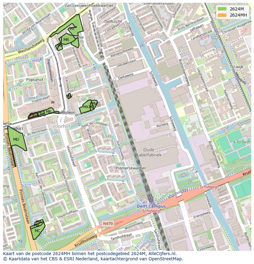 Afbeelding van het postcodegebied 2624 MH op de kaart.