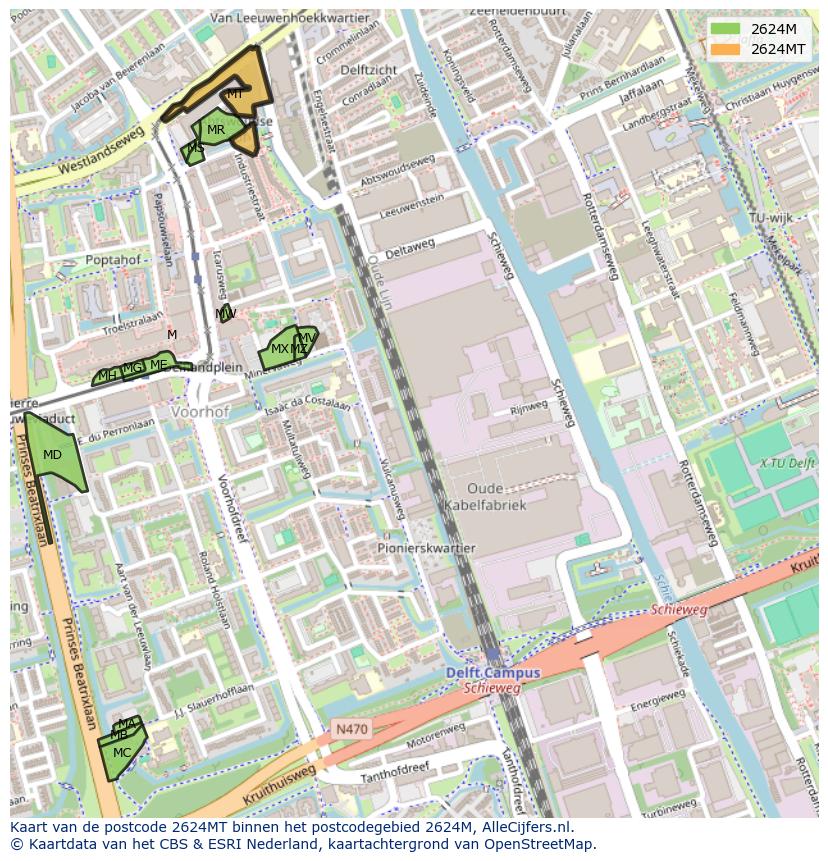 Afbeelding van het postcodegebied 2624 MT op de kaart.