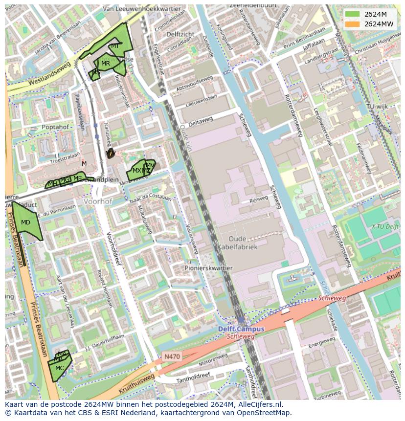 Afbeelding van het postcodegebied 2624 MW op de kaart.