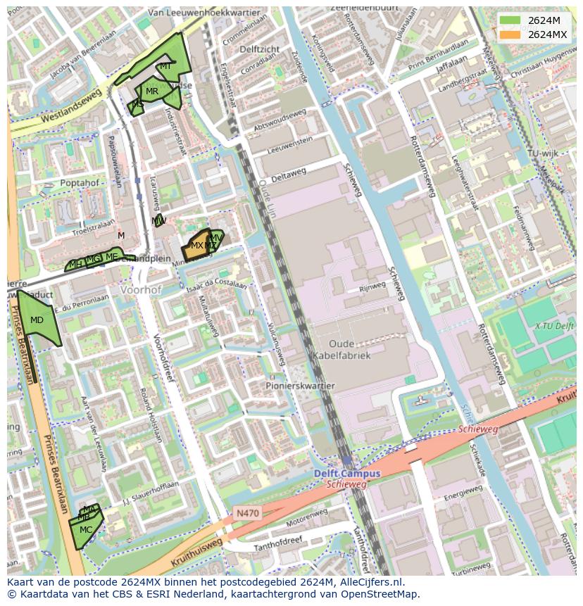 Afbeelding van het postcodegebied 2624 MX op de kaart.