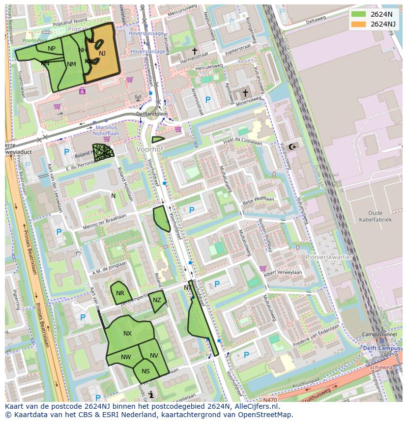 Afbeelding van het postcodegebied 2624 NJ op de kaart.