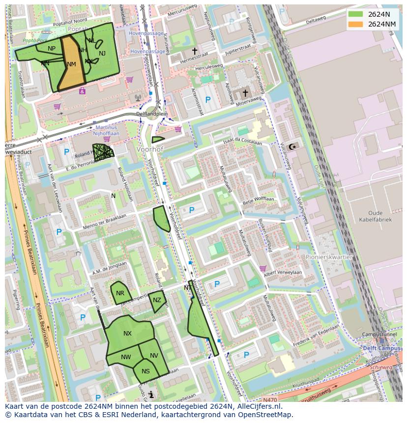 Afbeelding van het postcodegebied 2624 NM op de kaart.