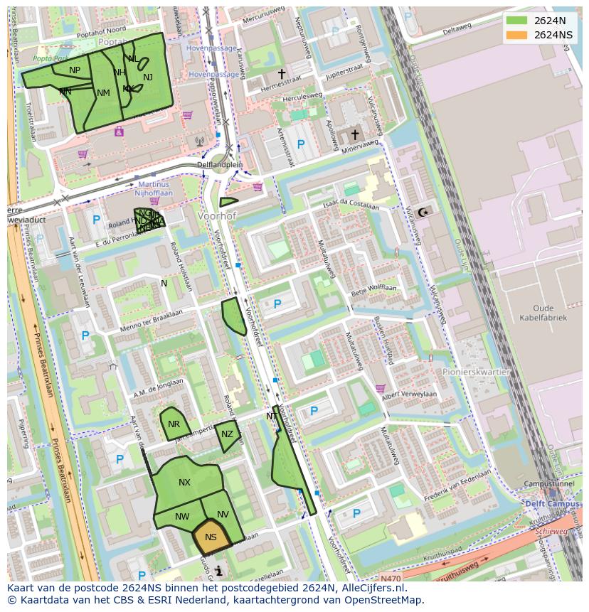 Afbeelding van het postcodegebied 2624 NS op de kaart.