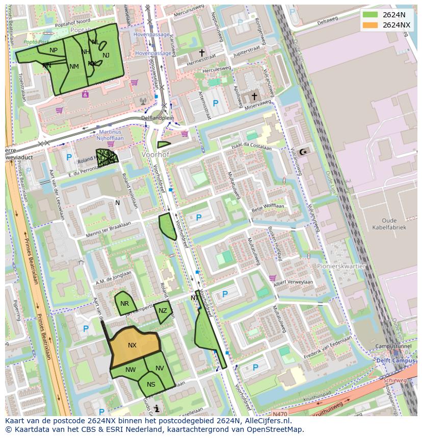 Afbeelding van het postcodegebied 2624 NX op de kaart.
