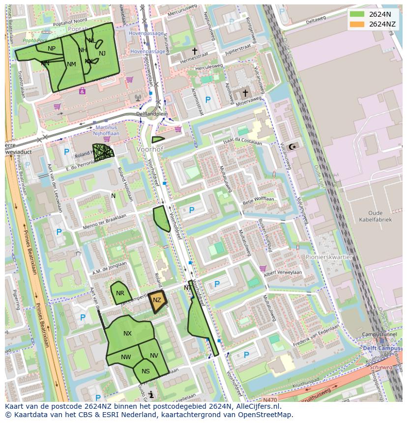 Afbeelding van het postcodegebied 2624 NZ op de kaart.