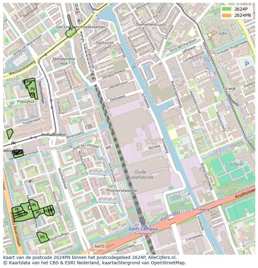 Afbeelding van het postcodegebied 2624 PN op de kaart.