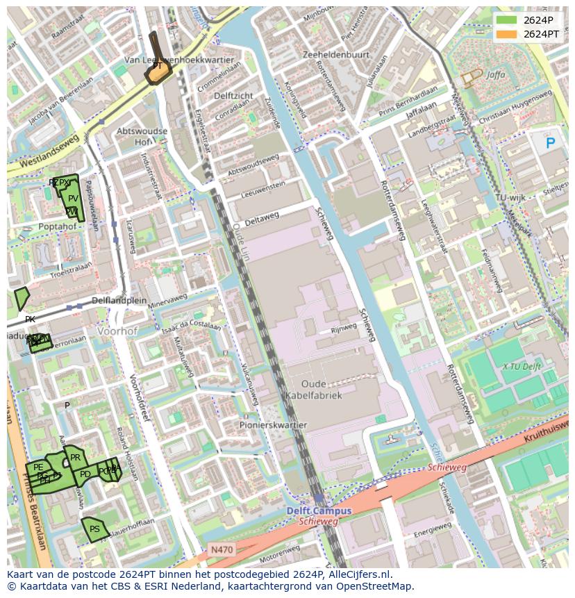 Afbeelding van het postcodegebied 2624 PT op de kaart.