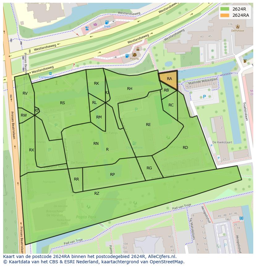 Afbeelding van het postcodegebied 2624 RA op de kaart.