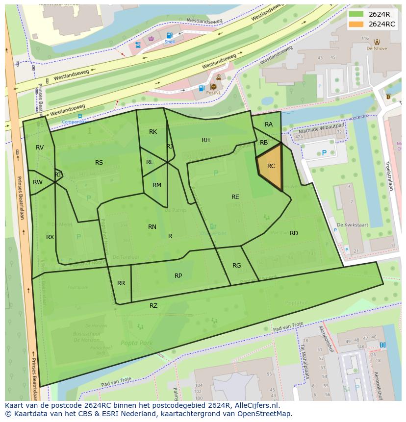 Afbeelding van het postcodegebied 2624 RC op de kaart.