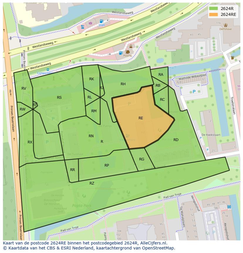 Afbeelding van het postcodegebied 2624 RE op de kaart.