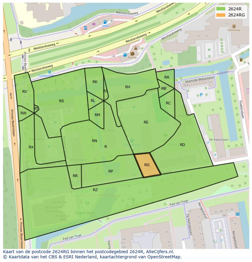 Afbeelding van het postcodegebied 2624 RG op de kaart.