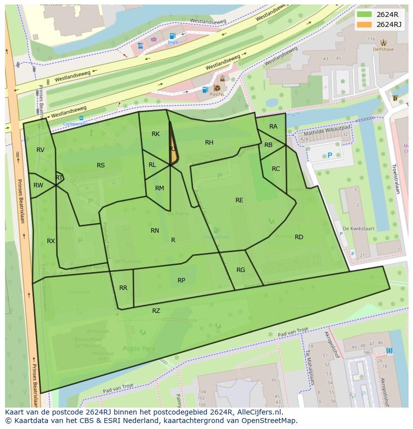 Afbeelding van het postcodegebied 2624 RJ op de kaart.