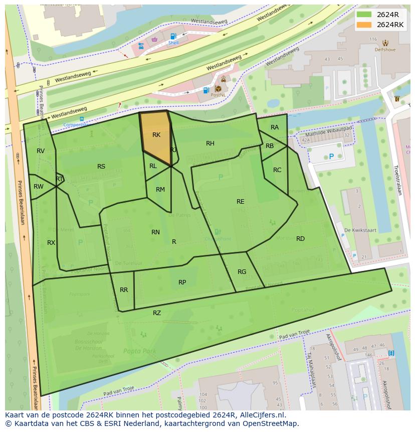 Afbeelding van het postcodegebied 2624 RK op de kaart.