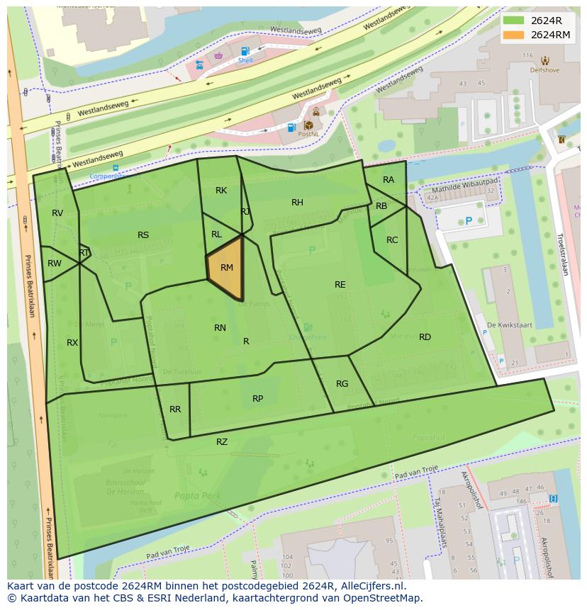 Afbeelding van het postcodegebied 2624 RM op de kaart.