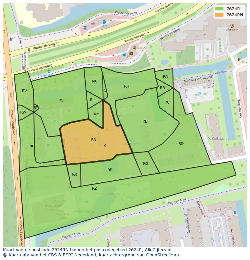 Afbeelding van het postcodegebied 2624 RN op de kaart.