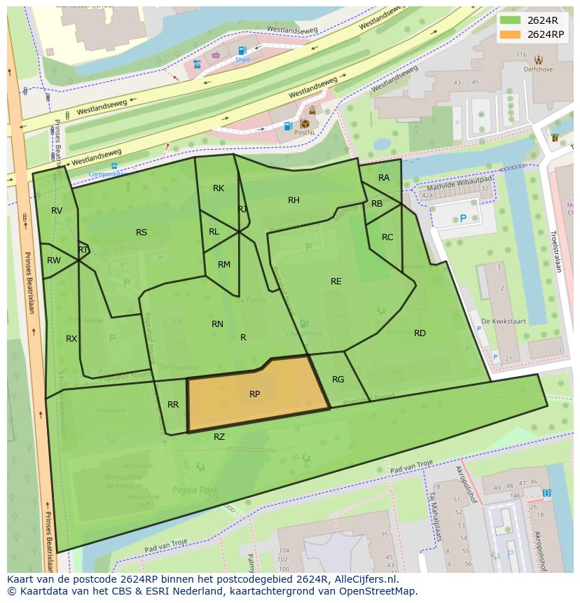 Afbeelding van het postcodegebied 2624 RP op de kaart.
