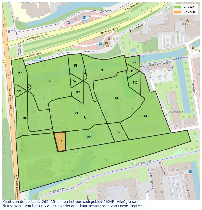 Afbeelding van het postcodegebied 2624 RR op de kaart.