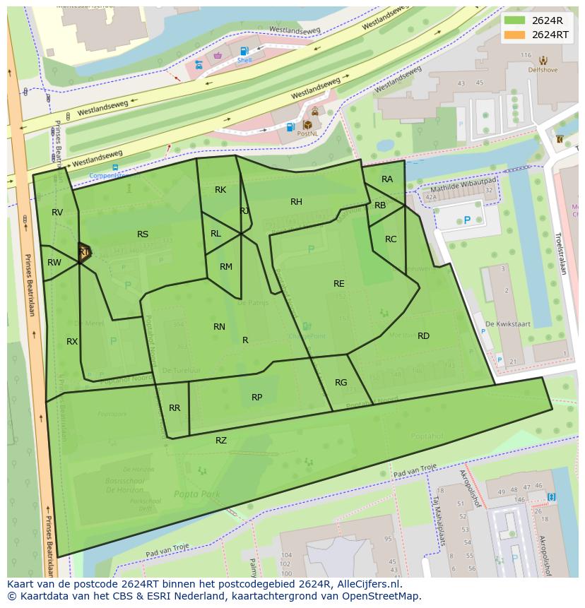 Afbeelding van het postcodegebied 2624 RT op de kaart.