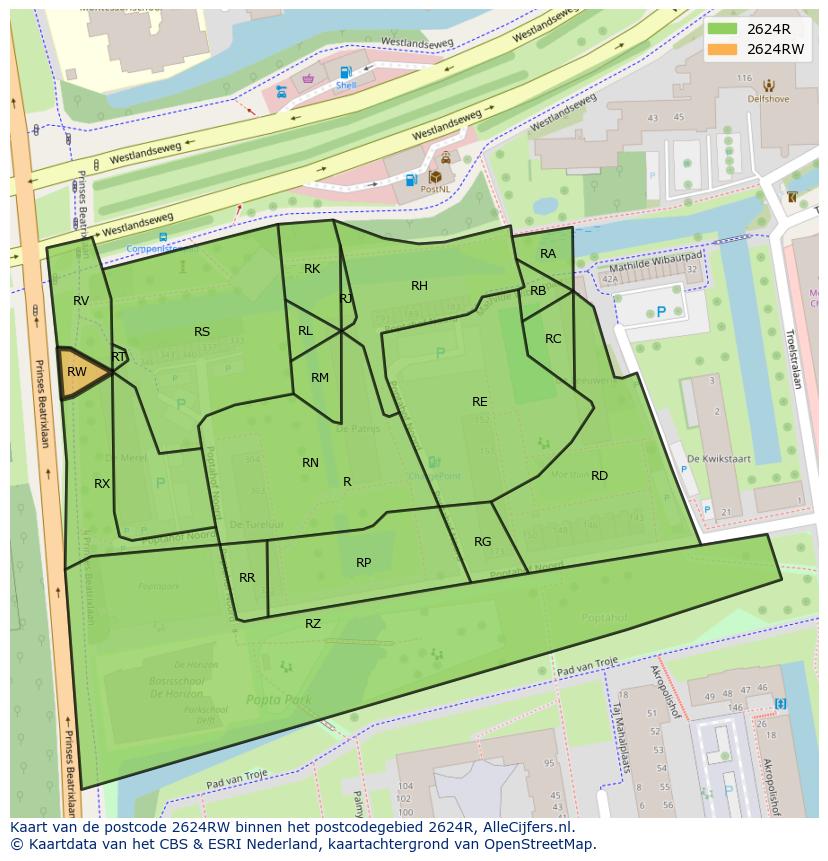 Afbeelding van het postcodegebied 2624 RW op de kaart.