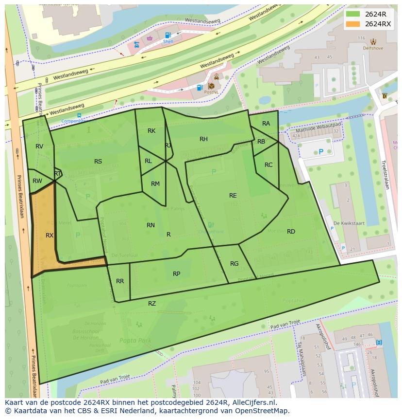 Afbeelding van het postcodegebied 2624 RX op de kaart.