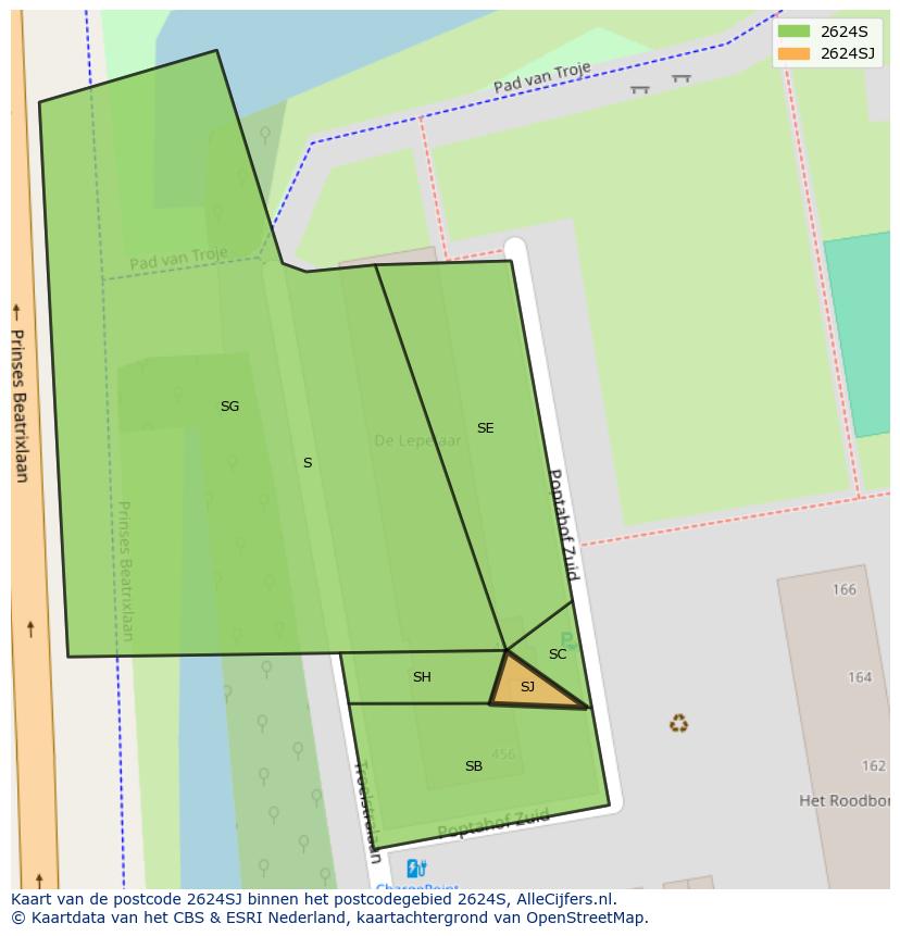 Afbeelding van het postcodegebied 2624 SJ op de kaart.