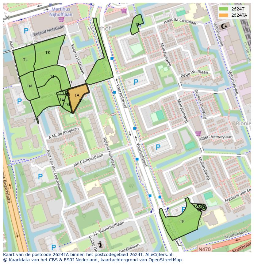 Afbeelding van het postcodegebied 2624 TA op de kaart.