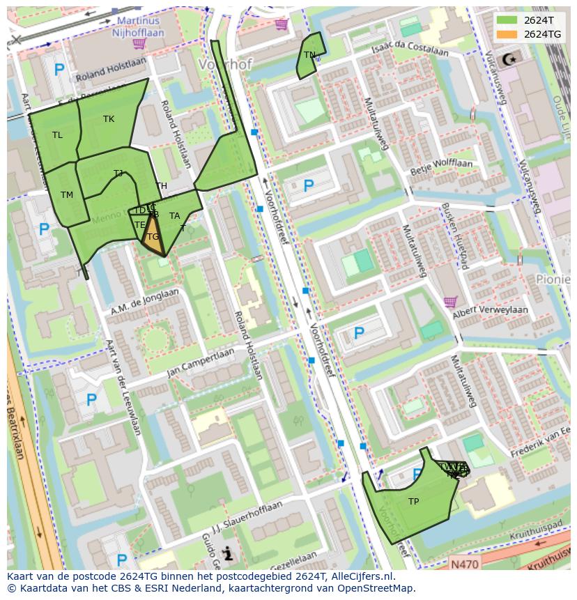 Afbeelding van het postcodegebied 2624 TG op de kaart.