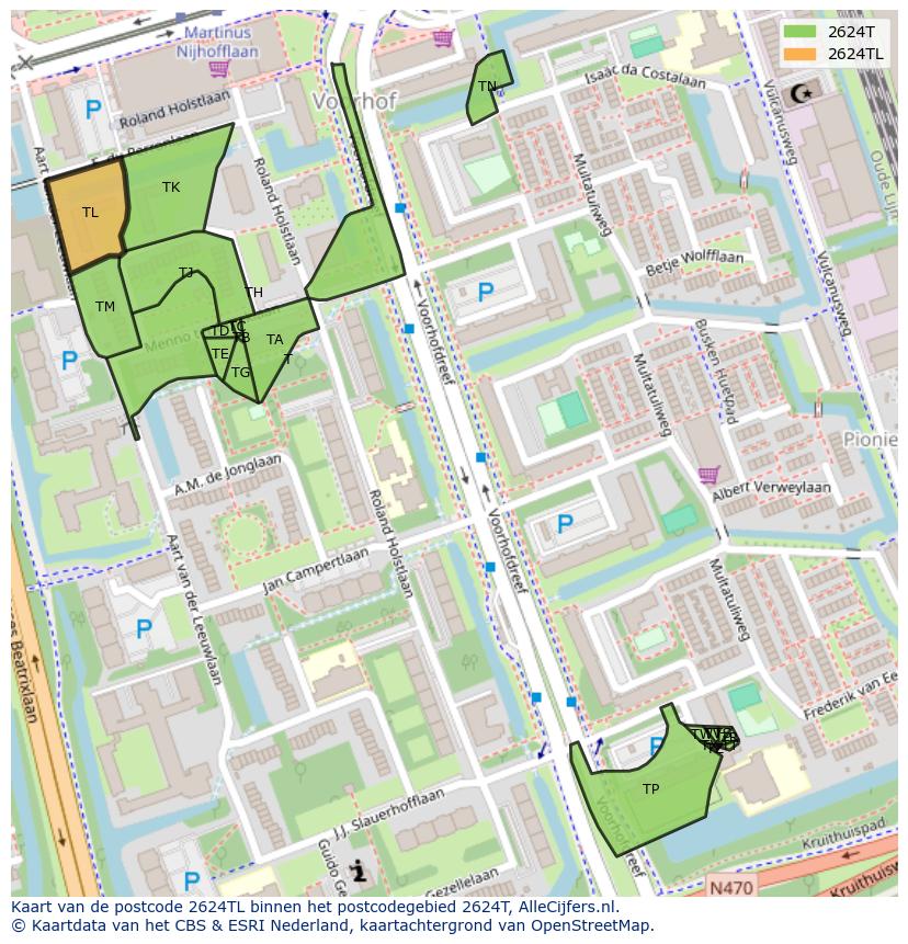 Afbeelding van het postcodegebied 2624 TL op de kaart.
