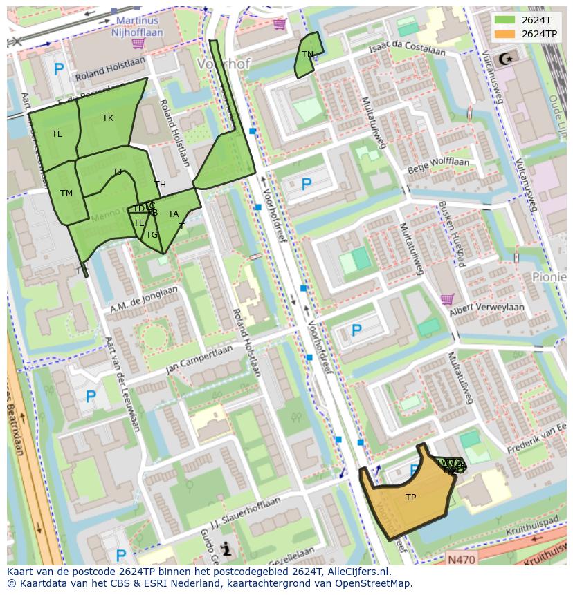 Afbeelding van het postcodegebied 2624 TP op de kaart.