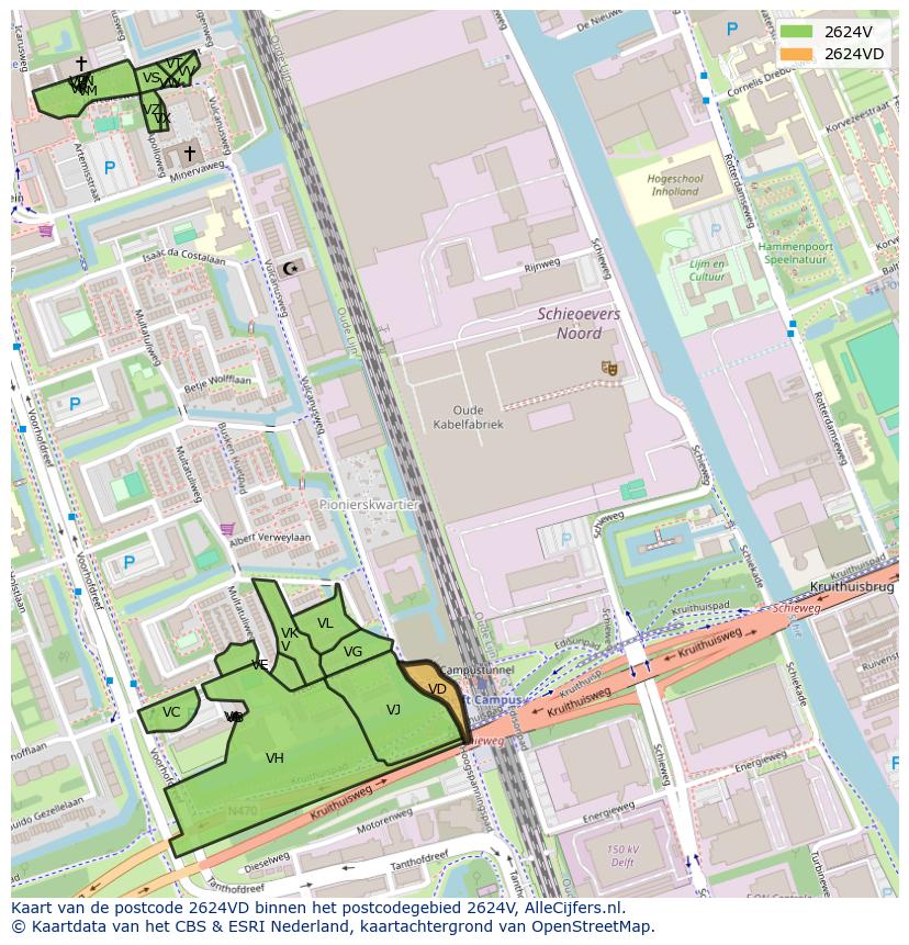 Afbeelding van het postcodegebied 2624 VD op de kaart.